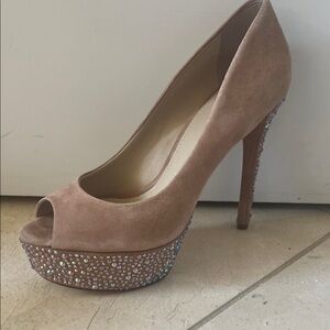 Brian Atwood Tan Peep-Toe Heels with Crystal Accents